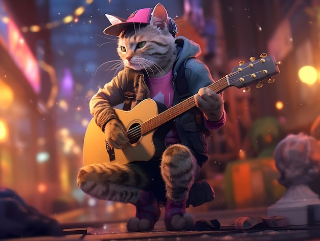 4K ultra HD wallpaper of hipster cat wearing beanie hat playing guitar