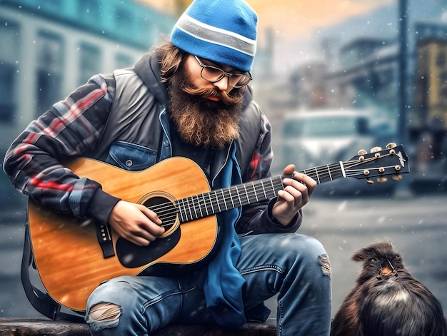 기타를 연주하는 비니 모자를 쓰고 있는 힙스터 고양이의 4K 울트라 HD 벽지