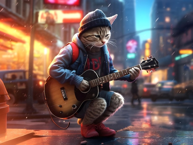 4K ultra HD wallpaper of hipster cat wearing beanie hat playing guitar