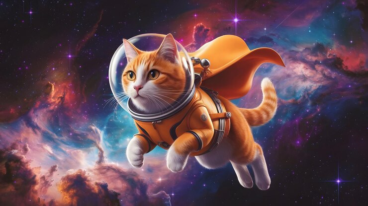A 4K ultradetailed image of a flying super orange cat in space