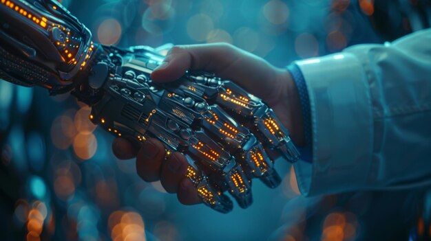 В четвертой промышленной революции искусственный интеллект и машинное обучение используются для управления процессом. Человек пожимает руку цифровому партнеру на футуристическом фоне.