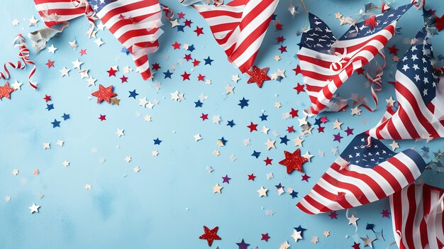 Photo 4th of july american independence day decorations on pastel blue background flat lay top view copy space