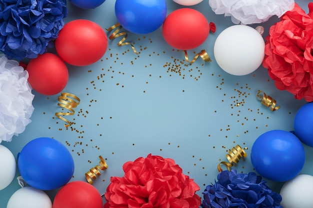 4th of July background USA paper fans Red blue white stars balloons and gold confetti on blue wall background Happy Labor Day Independence Day Presidents Day American flag colors Top view