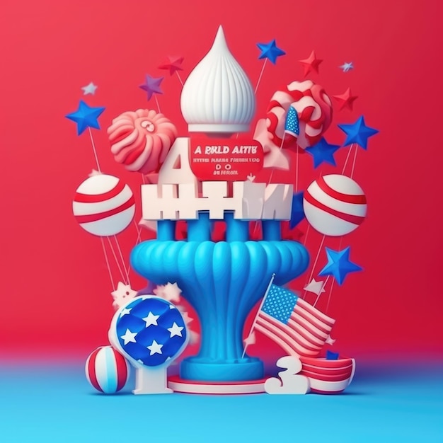 4th of july happy independence day of the usa with calendar balloon star and ribbon gift box confetti on blue background copy space text 3d illustration