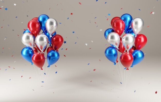 4th of july party. balloons with falling stars in 3d illustration