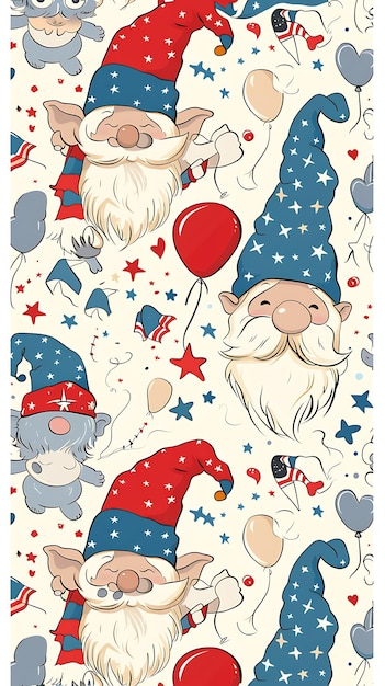 4th Of July Patriotic Gnome Independence Day Cute Pattern Gnomes seamless pattern fireworks