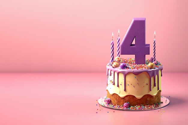 4th years birthday cake on isolated colorful pastel background