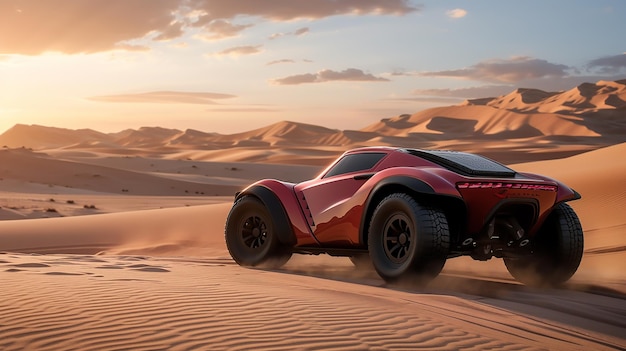 4WD с средним двигателем и полным фендером суперкар песочный роудстер, припаркованный на дюне