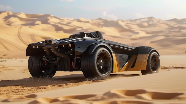 4WD с средним двигателем и полным фендером суперкар песочный роудстер, припаркованный на дюне