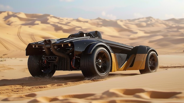 4WD midengine fullfendered supercar sand roadster parked on a dune