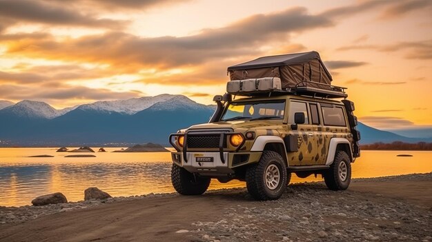 4x4 car with rooftop tent at a lake with a view of Mountain Fuji during the autumn Japan