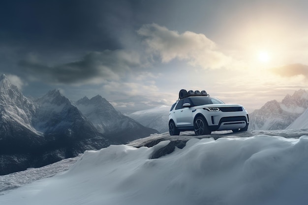Photo 4x4 jeep on top of a snowy mountain travel suv car generative ai