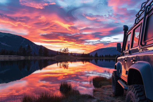 Photo a 4x4 vehicle parked beside a tranquil lake reflecting the vibrant colors of a sunset