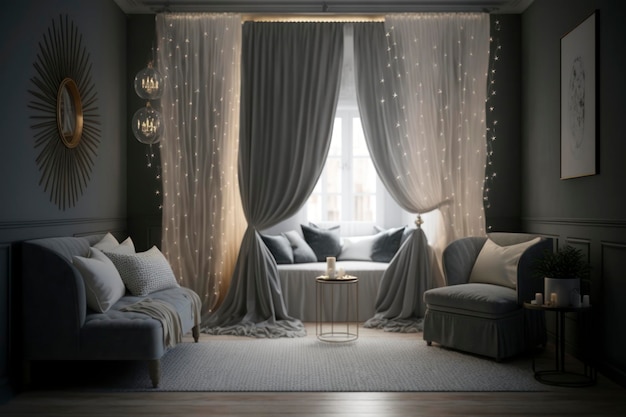 4x7 room with white curtains and star string lights in the style of finely rendered textures