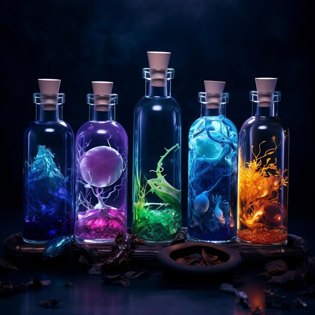 5 bottles with different liquids and herbs in different shapes and colors