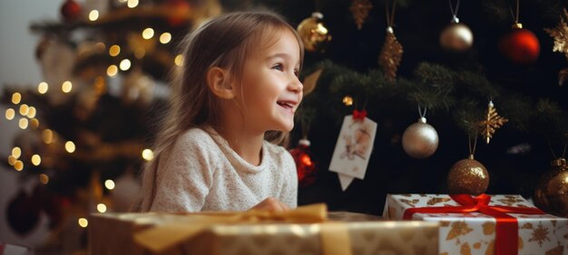 Foto 5 jaar oud meisje kind krijgt kerstcadeau huidige kerstboom ai