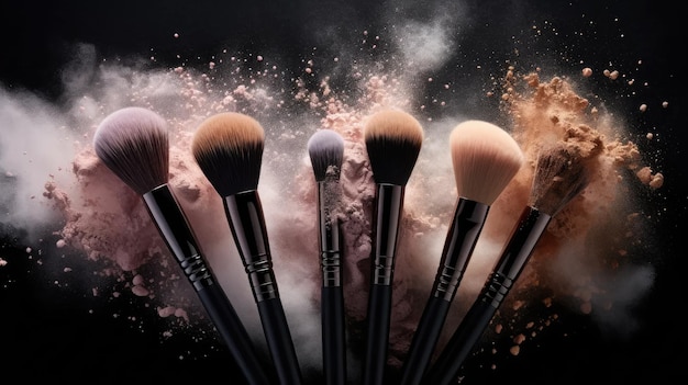 5 makeup brushes each with a matte metal nozzle and acrylic transparent brush rod Use a light background to enhance the modern minimalist style providing space for text or invitations