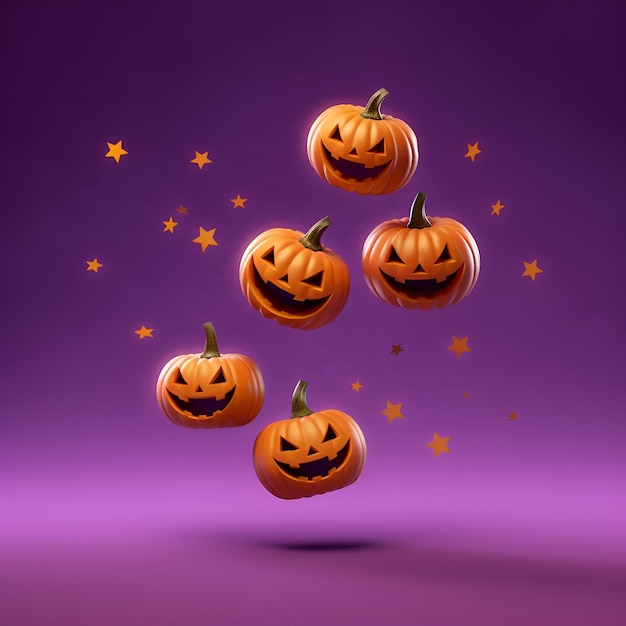 5 pumpkins Jack O039 Lantern floating around smiling happily celebrating Halloween purple background