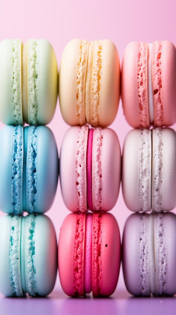 A 5 rainbow pastel colored maccaroons in row pastel background