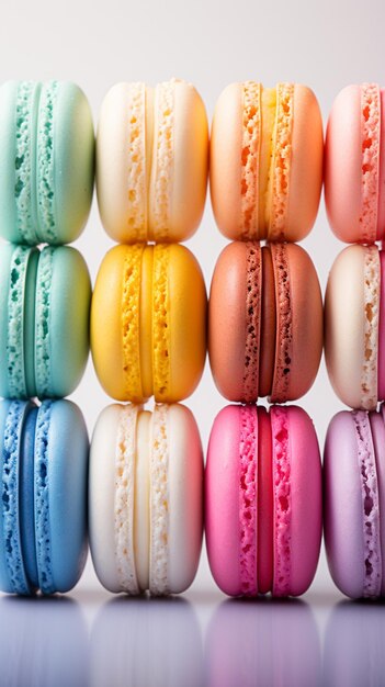 Photo a 5 rainbow pastel colored maccaroons in row pastel background