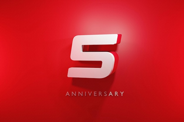 5 year anniversary celebration 3d render, red glossy 5 3d Number