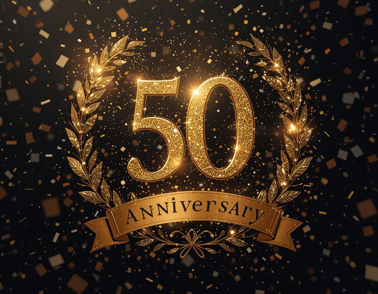 Foto 50 jaar viering 50 jaar logo begroetingsbanner gouden nummer vijftig op achtergrond met confetti
