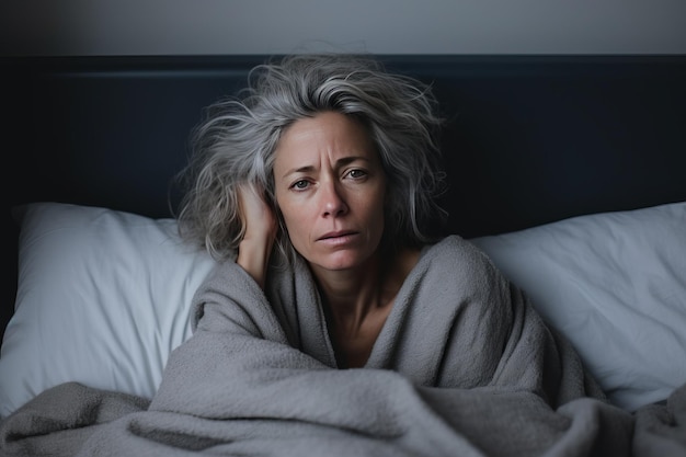 50-jarige vrouw thuis in bed met chronisch vermoeidheidssyndroom Portret van een volwassen vrouw met hoofdpijn die thuis in bed ligt