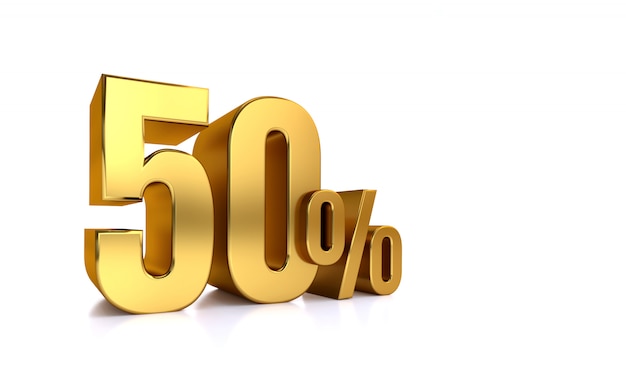 Sconto del 50. in vendita. ottimo affare metà e metà. metà. illustrazione rendering testo 3d isolato con grandi caratteri dorati su sfondo bianco.