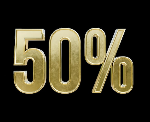 Photo 50 percent 3d text gold render illustration on black isolated background