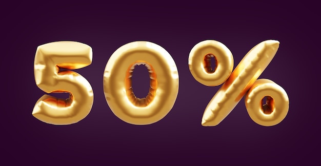 50 procent gouden 3d ballon illustratie. 3d gouden vijftig procent ballon illustratie. 50% gouden ballonnen