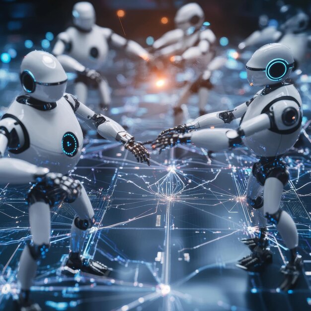 50 रोबोट एक जटिल ब्लॉकचेन संरचना बना रहे हैं जबकि बाजार डेटा क्रिप्टो और एआई रोबोट विकेंद्रीकृत ब्लॉकचेन बाजारों में ट्रेडिंग का विश्लेषण कर रहे हैं