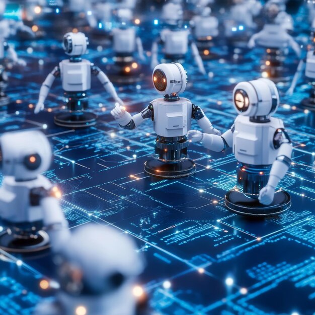 50 robots creating a complex blockchain structure while analyzing market data crypto and ai robot trading in decentralized blockchain markets