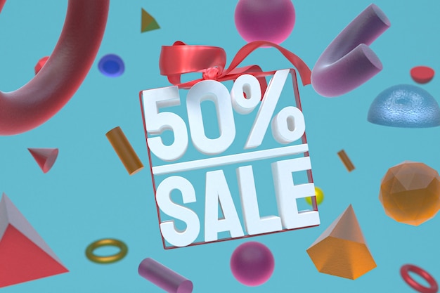 50% sale with bow and ribbon 3d design on abstract geometry background