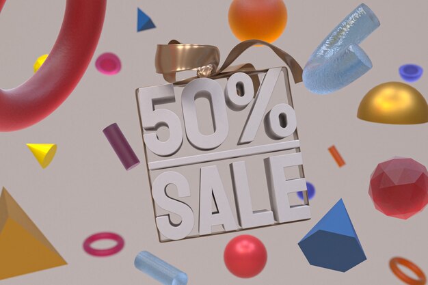50% sale with bow and ribbon 3d design on abstract geometry background
