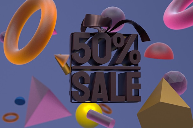 Photo 50% sale with bow and ribbon 3d design on abstract geometry background