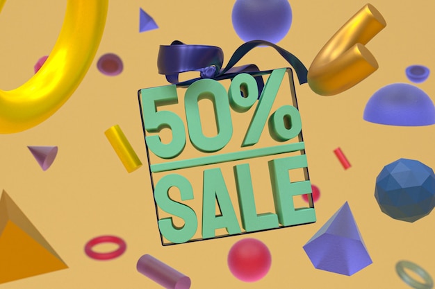 50% sale with bow and ribbon 3d design on abstract geometry banner