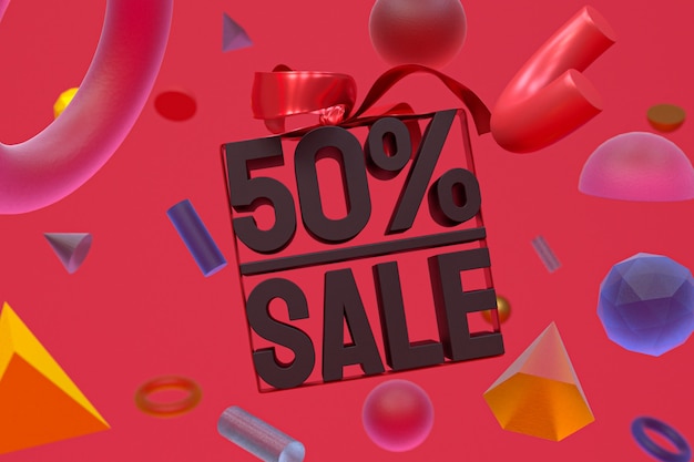 Photo 50% sale with bow and ribbon 3d design on abstract geometry