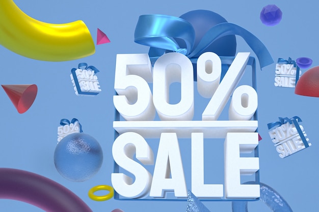 50% sale with bow and ribbon 3d design on abstract geometry