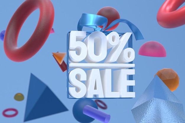 50% sale with bow and ribbon 3d design on abstract geometry