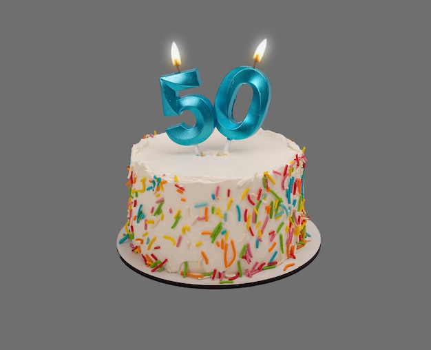 Photo 50 shaped candle light on happy birthday cake isolated on white background