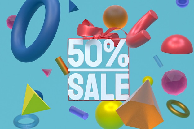 50% verkoop met boog en lint 3D-ontwerp op abstracte geometrie