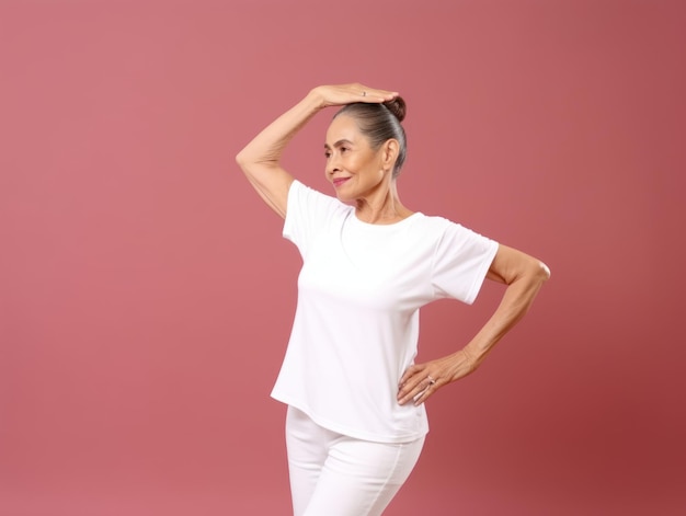 50 year old asian woman in emotional dynamic pose on solid background