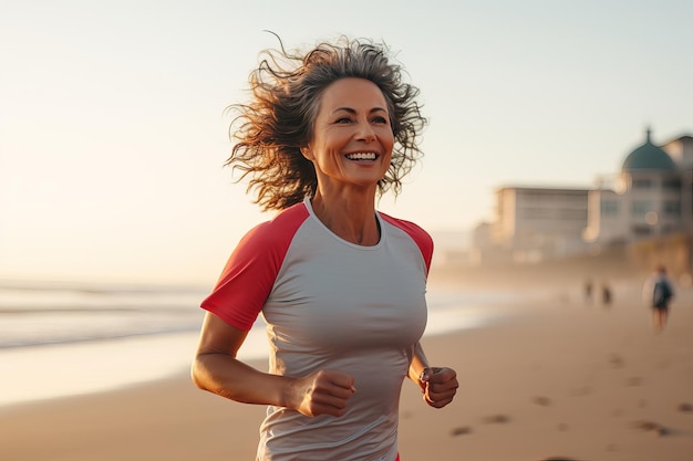 50 years old woman running on the beach during sunset Running workout Breath of the sea and the fresh breeze are the best soothing after a busy day