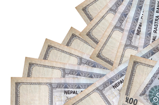 500 Nepalese rupees bills lies in different order isolated on white. Local banking or money making concept. Business wall banner