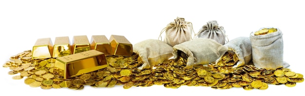 500px Photo ID: 1025453574 - A lot of stacking gold bar 1kg and gold coin and in treasure sack on white background