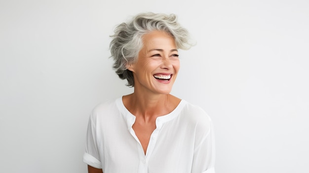 50s middle aged elderly senior model woman with grey hair smiling white background AI Generated