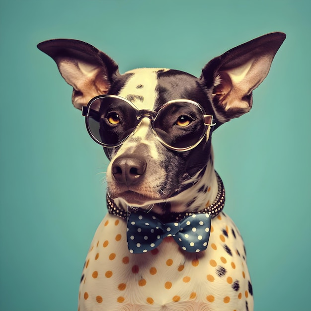 流行に敏感なメガネをかけている 50 年代の雰囲気の犬の肖像画