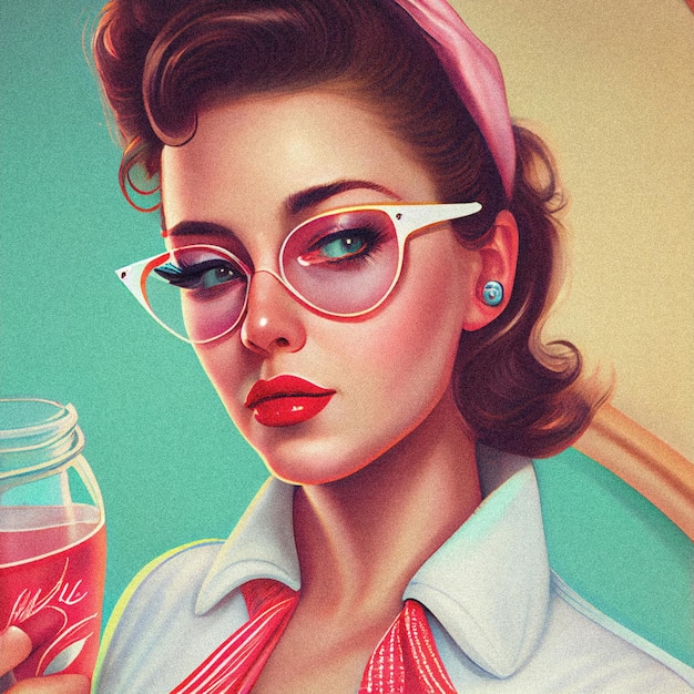 50s Vibes Vintage en Retro Girl illustratie met korrelige textuur