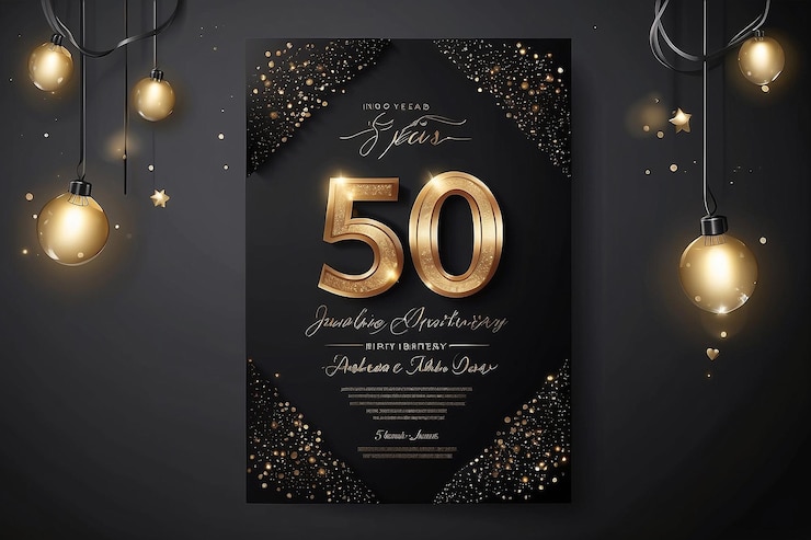 Photo 50th years birthday vector black paper luxury invitation double card