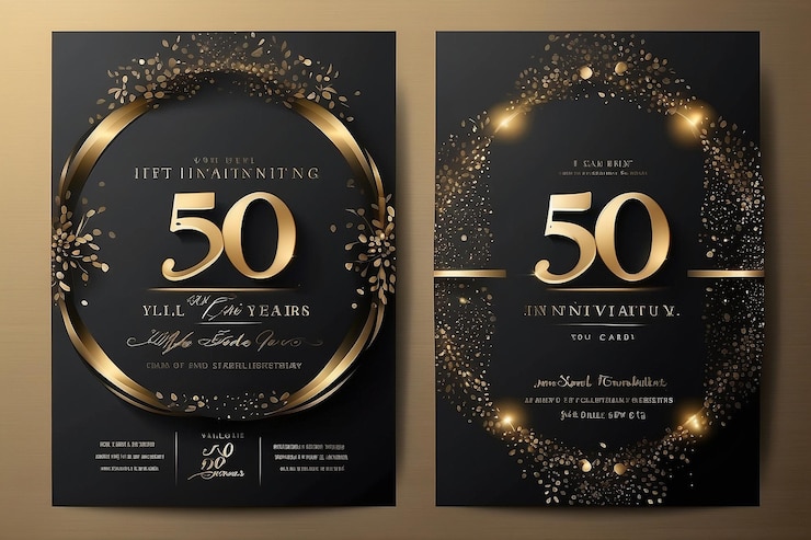 Photo 50th years birthday vector black paper luxury invitation double card